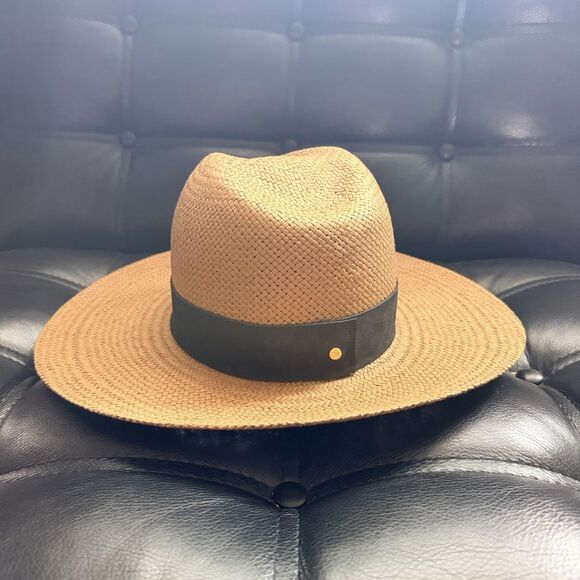 Janessa Leone Corbin Brown Straw Fedora Hat Medium 57cm Wide Brim USA Packable main image 4